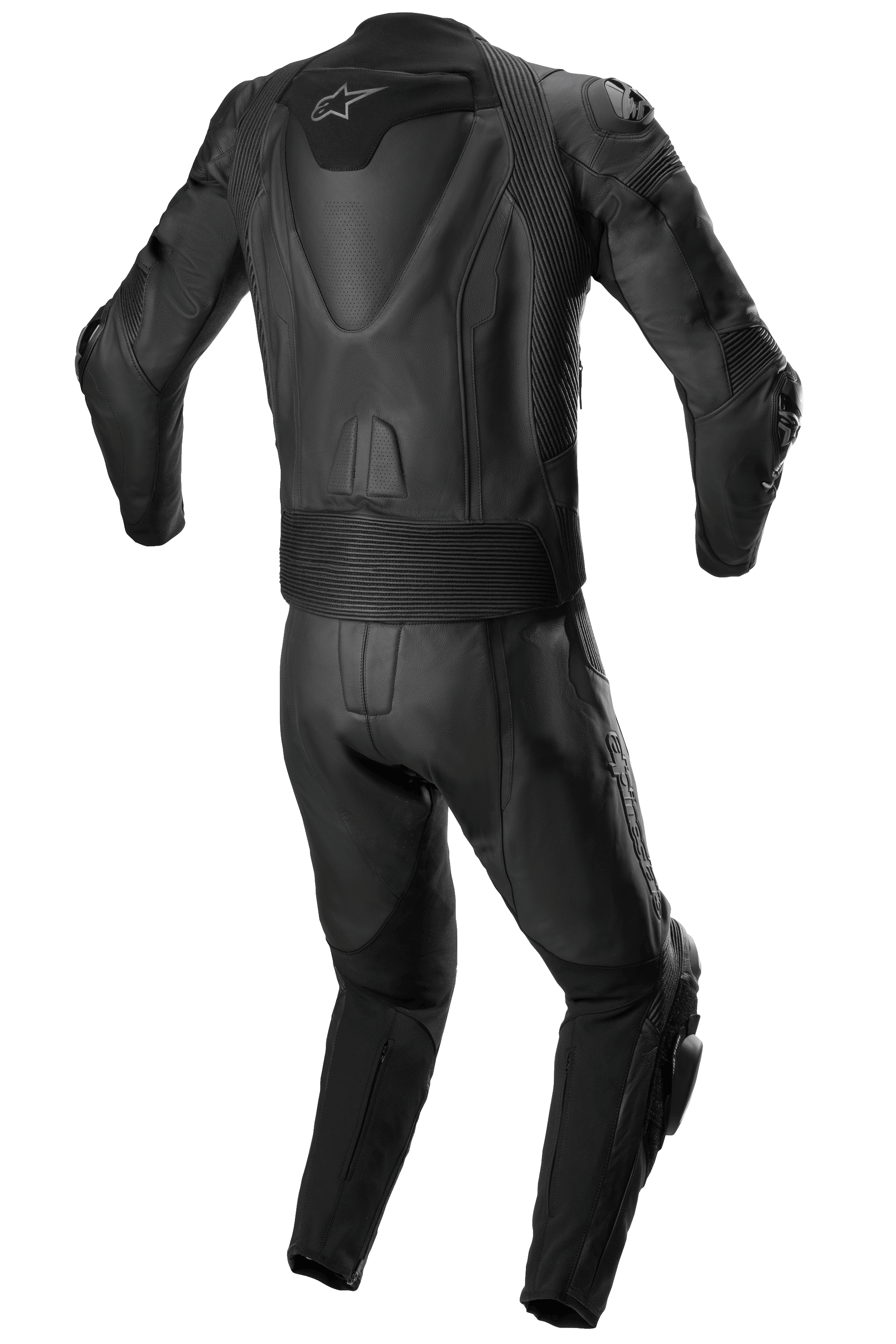 Alpinestars Missile V2 2-delig leren pak, leren racepak, volledig zwart, achteraanzicht met aerodynamische rug-hump met wit sterlogo, accordeon stretchpanelen in de taille en bij de schouders, en geperforeerde leren details voor sportief motorrijden