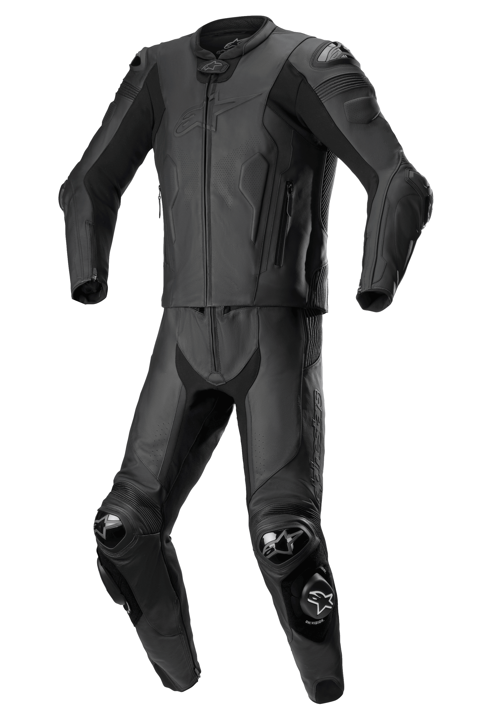 Alpinestars Missile V2 tweedelig leren racepak, zwart, motorracepak, versterkte schouders, ellebogen en knieën met beschermende sliders, aerodynamisch ontwerp met jas en broek met ritssluiting, premium lederen constructie met getextureerde panelen