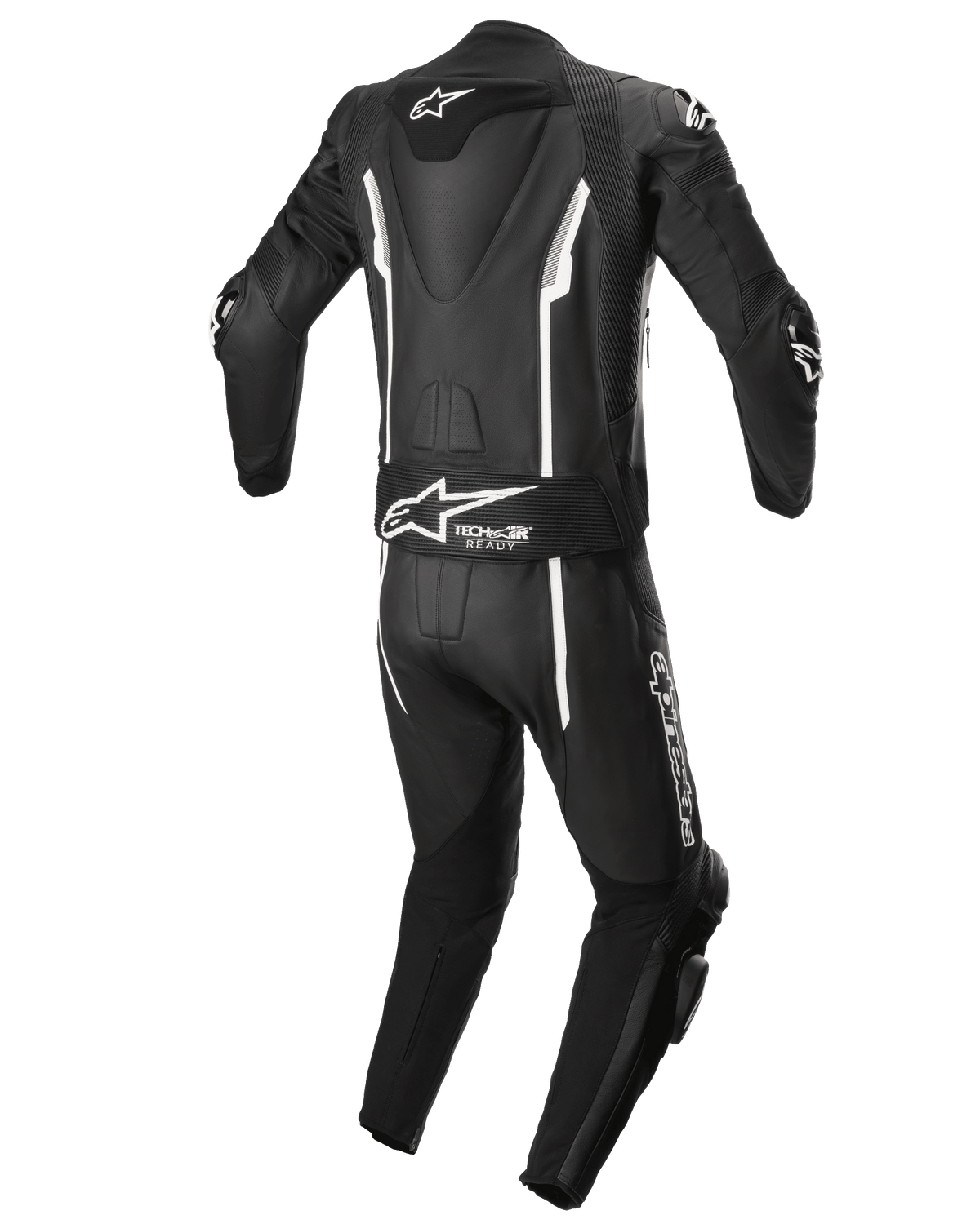 Alpinestars Missile V2 2-delig leren pak, motorracepak, zwart en wit, achteraanzicht met aerodynamische hump, Tech-Air Ready stretchpaneel, witte lineaire accenten en Alpinestars-branding op de onderrug en het been