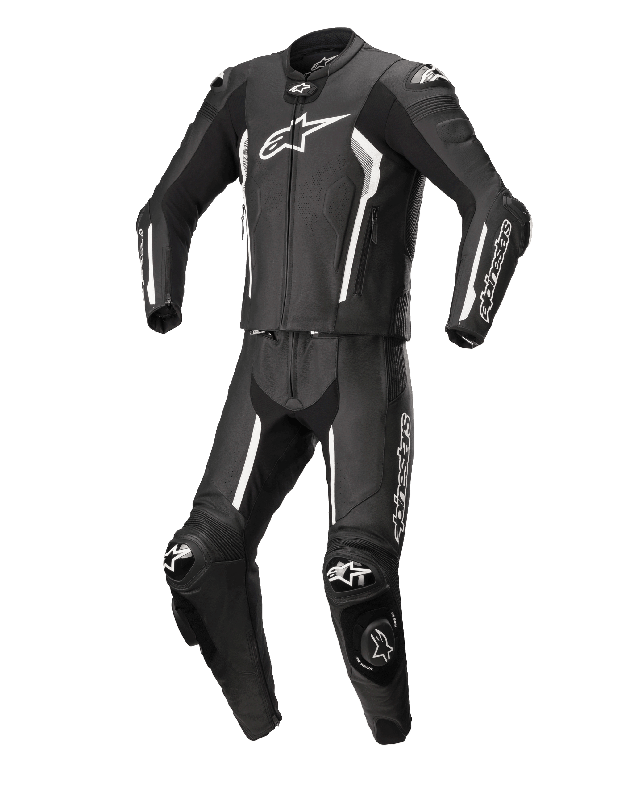 Alpinestars Missile V2 2-delig leren pak, zwart en wit, professioneel motorracepak, hoogwaardige leren constructie met witte accenten en logo's, voorzien van beschermende protectoren en kniesliders, strak aerodynamisch ontwerp