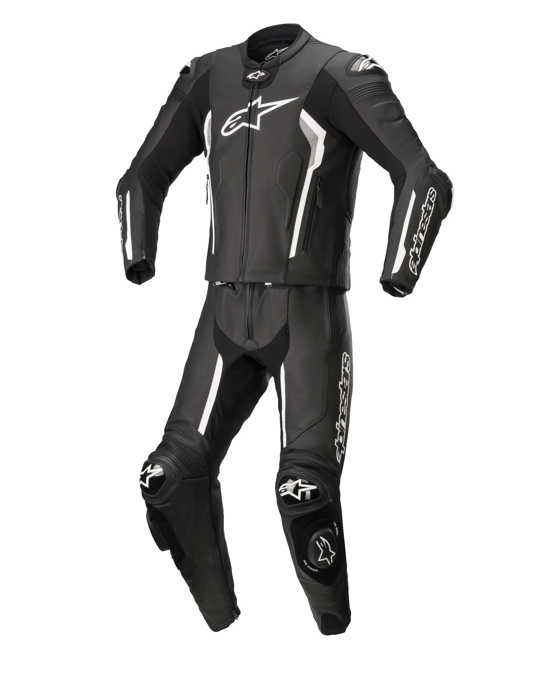 Alpinestars Missile V2 2-delig leren pak, zwart en wit, professioneel motorracepak, hoogwaardige leren constructie met witte accenten en logo's, voorzien van beschermende protectoren en kniesliders, strak aerodynamisch ontwerp