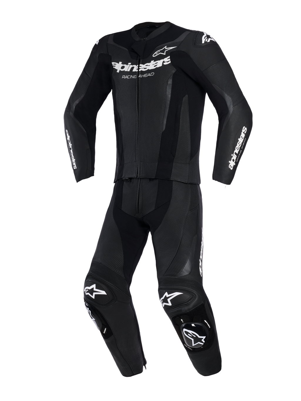 Alpinestars GP Force V2 2-delig leren pak, zwart, vooraanzicht, geperforeerde leren panelen, witte Alpinestars logo's op borst en mouwen, geïntegreerde kniesliders, hoogwaardige race- en sportuitrusting