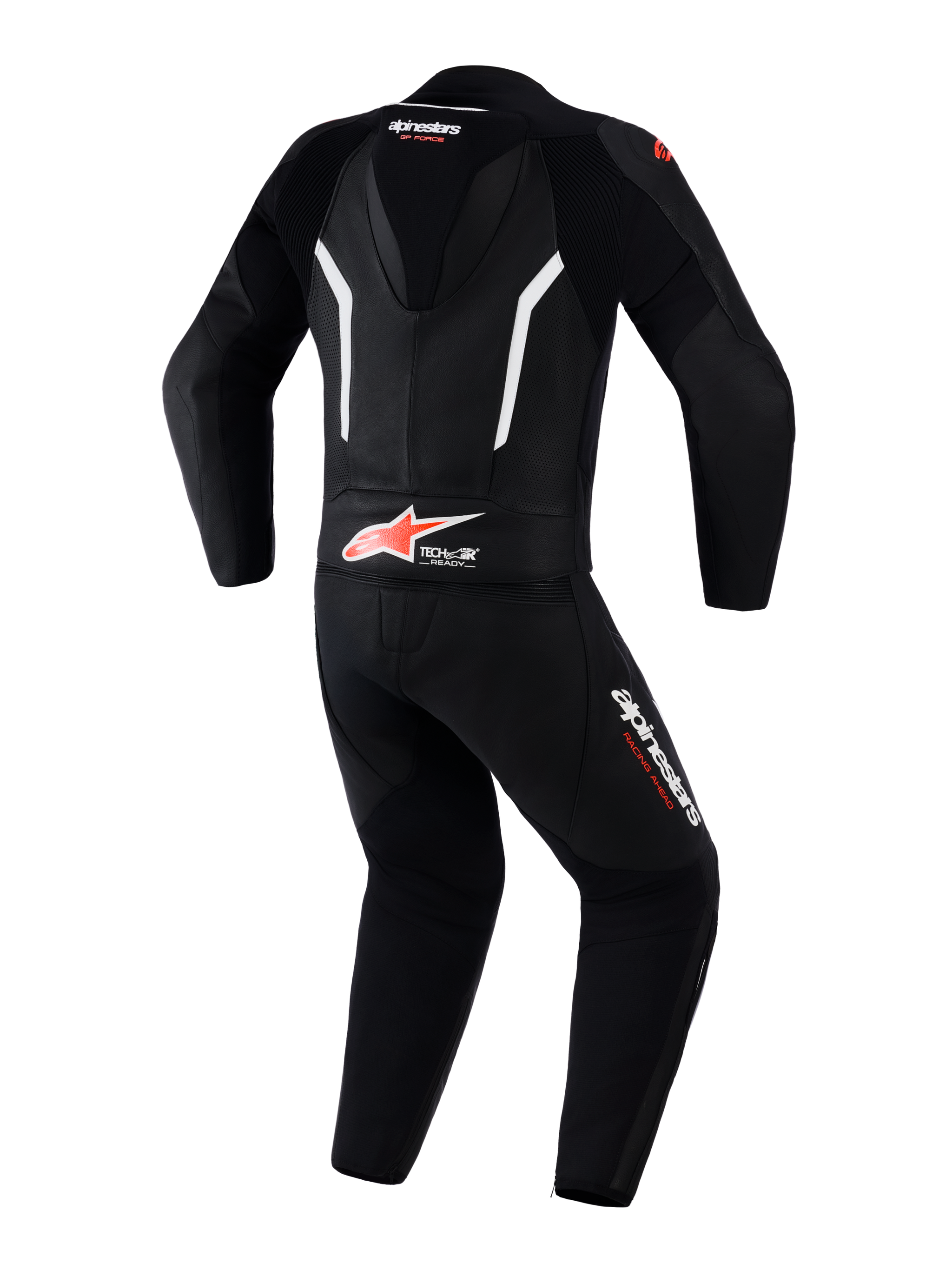 Alpinestars GP Force V2 tweedelig leren pak, motorpak, zwart, wit en fluo rood, achteraanzicht met aerodynamische speed hump, Tech-Air Ready-branding op de onderrug, geperforeerde leren panelen voor ventilatie en Alpinestars-logo's op de benen en nek.