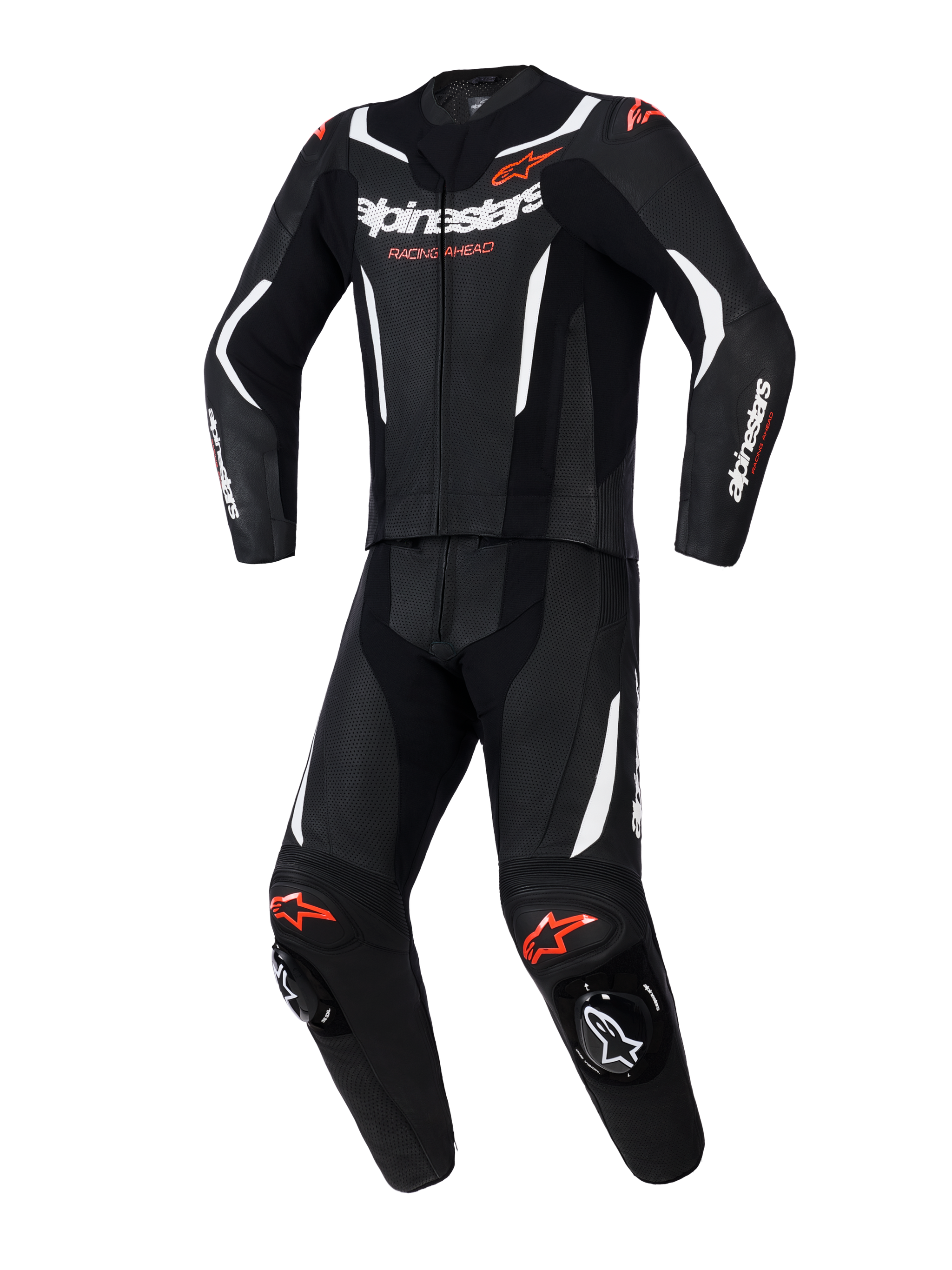 Alpinestars GP Force V2 tweedelig leren pak, motorracepak, zwart met witte en fluo-rode accenten, voorzien van geperforeerde leren panelen, witte contraststrepen, rode logo's en geïntegreerde kniesliders, professionele sportieve rijuitrusting