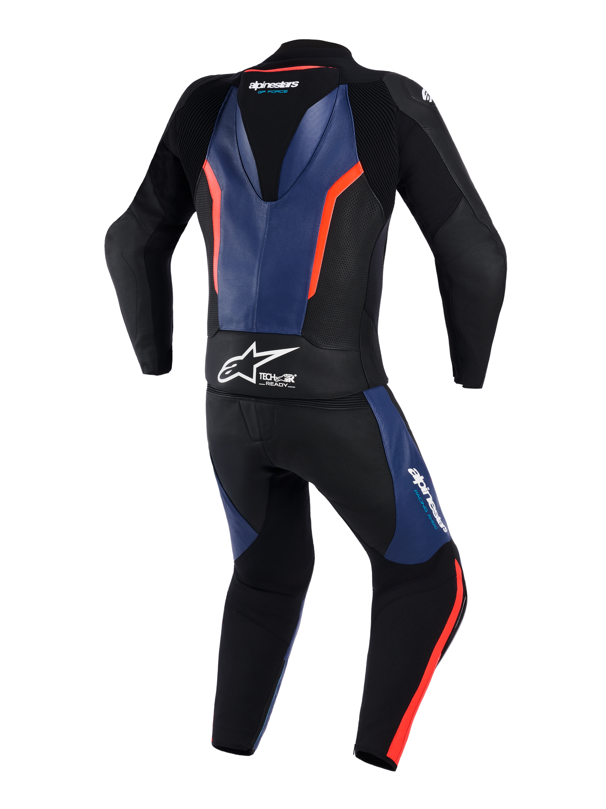Alpinestars GP Force V2 Leather Suit 2-Piece, achteraanzicht, zwart met blauwe en rode fluo accenten, professioneel motorracepak met een aerodynamische speedhump, witte Tech-Air Ready-branding op de taille, geperforeerde lederen panelen en accordeon stretchzones voor extra bewegingsvrijheid.