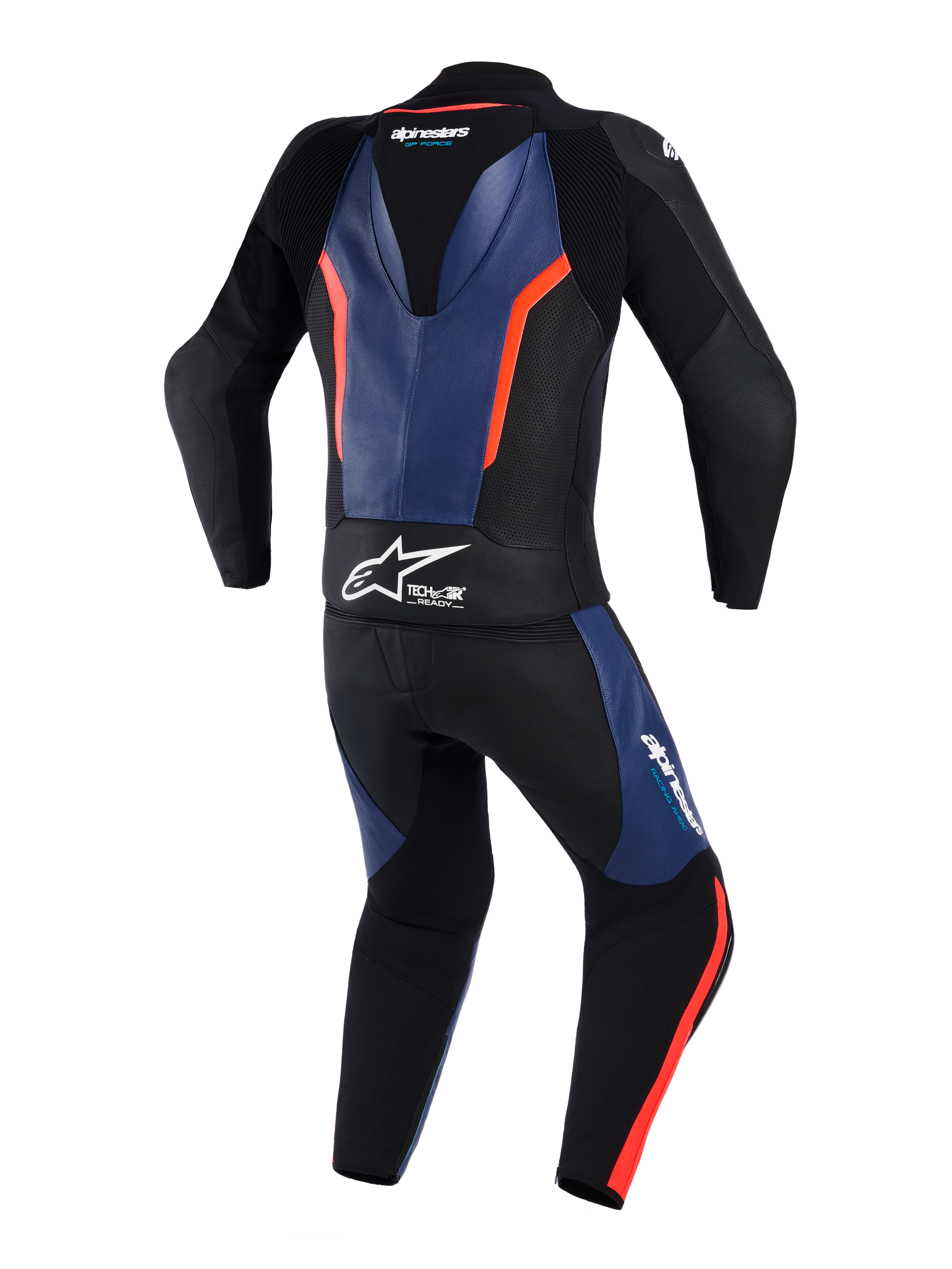 Alpinestars GP Force V2 Leather Suit 2-Piece, achteraanzicht, zwart met blauwe en rode fluo accenten, professioneel motorracepak met een aerodynamische speedhump, witte Tech-Air Ready-branding op de taille, geperforeerde lederen panelen en accordeon stretchzones voor extra bewegingsvrijheid.