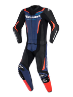 Alpinestars GP Force V2 Leather Suit 2-delig, motorpak, zwart met blauw en fluo rood, professioneel racepak met geperforeerde lederen panelen, geïntegreerde kniesliders en opvallende logo's op de borst en mouwen
