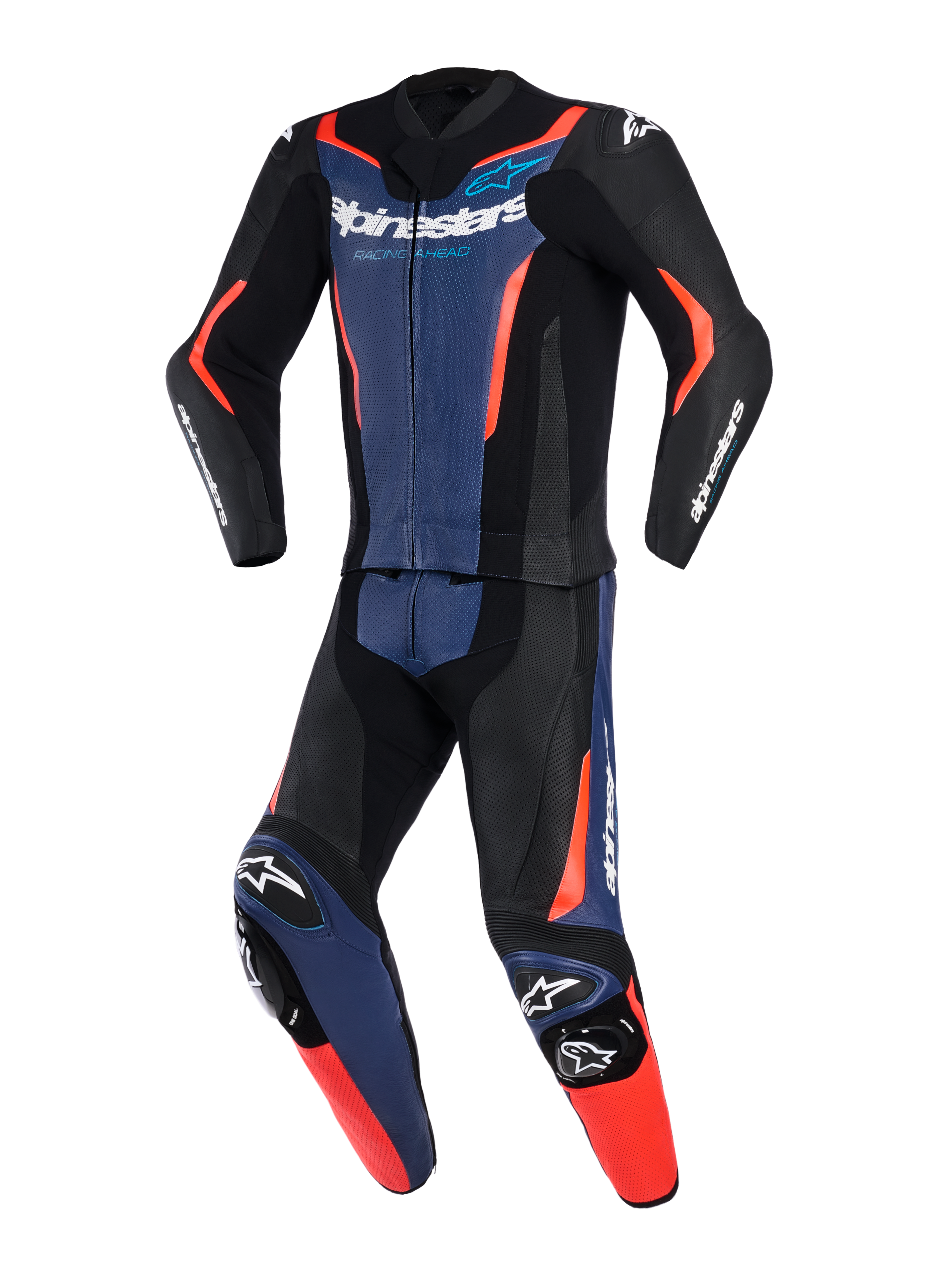 Alpinestars GP Force V2 Leather Suit 2-delig, motorpak, zwart met blauw en fluo rood, professioneel racepak met geperforeerde lederen panelen, geïntegreerde kniesliders en opvallende logo's op de borst en mouwen