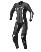 Alpinestars Stella Missile V2 eendelig dames motorpak, leren race-motorpak, zwart en wit, voorzien van DFS-sliders op de schouders en knieën, accordeon-stretchpanelen voor bewegingsvrijheid en opvallende witte logo's, professionele uitrusting voor circuit en sportief rijden.
