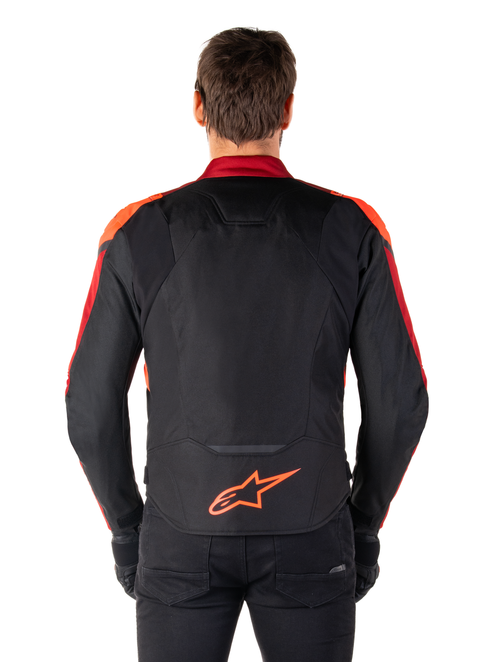 Alpinestars T-Jaws V4 Waterproof Jacket, achteraanzicht, zwart met Red Fluo en donkerrode accenten, oranje logo op de onderrug, verlengd rugpaneel voor dekking tijdens het rijden, sportieve textiele motorjas