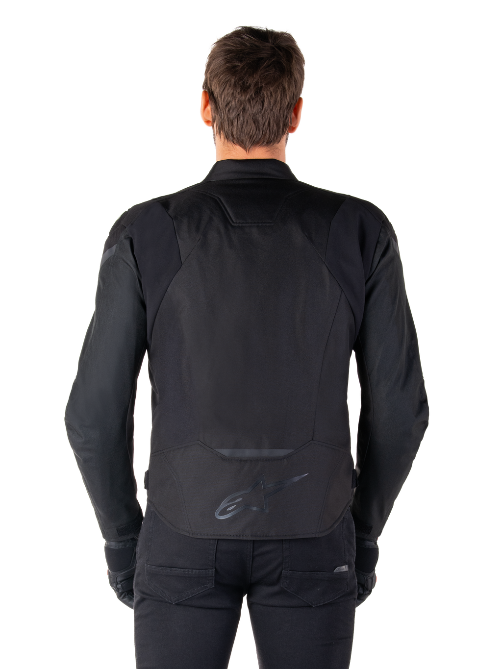 Alpinestars T-Jaws V4 Waterproof Jacket, textiel motorjas, zwart, achteraanzicht met Alpinestars-logo op de onderrug, sportieve pasvorm voor rijden op de weg