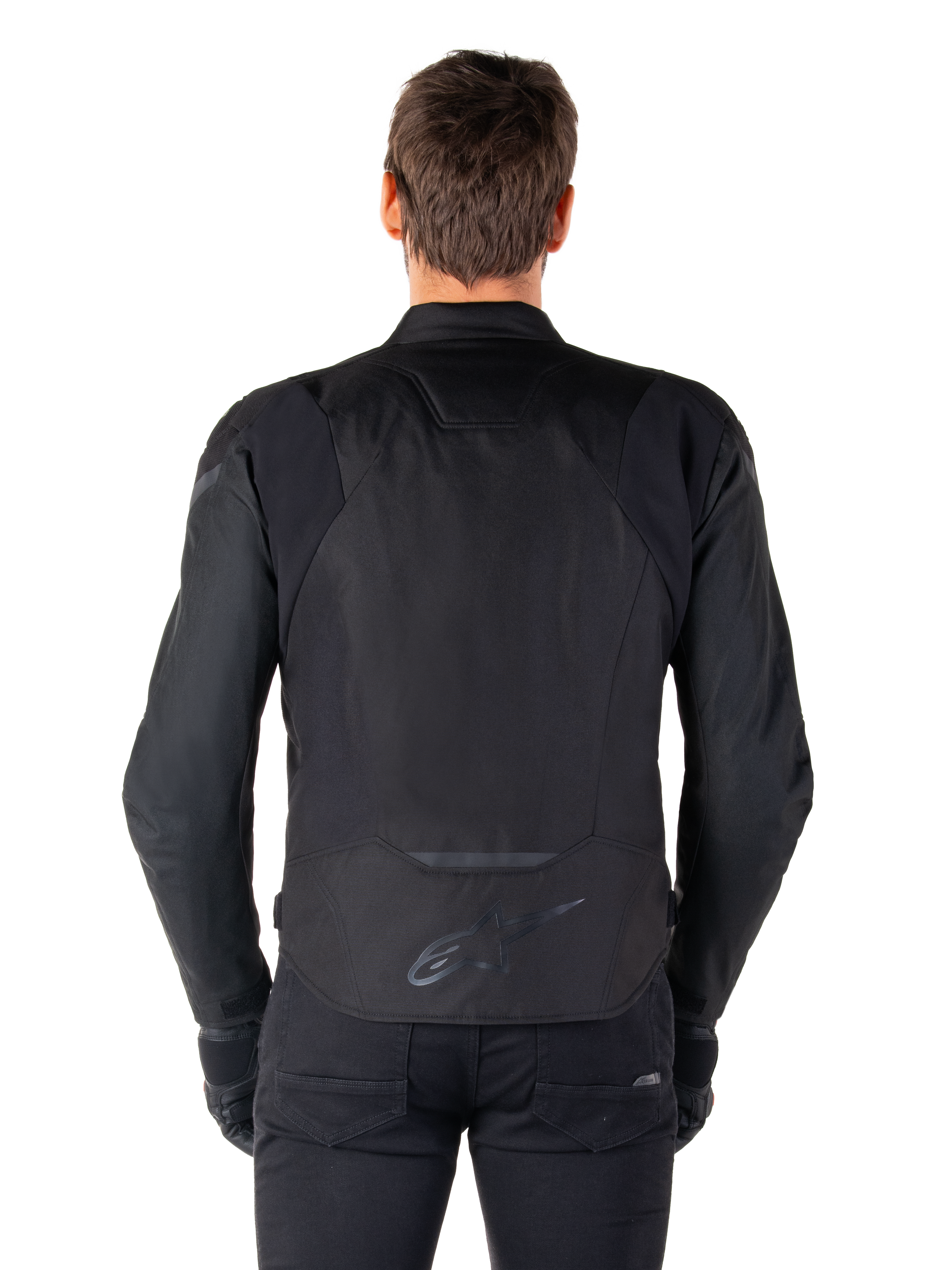 Alpinestars T-Jaws V4 Waterproof Jacket, textiel motorjas, zwart, achteraanzicht met Alpinestars-logo op de onderrug, sportieve pasvorm voor rijden op de weg