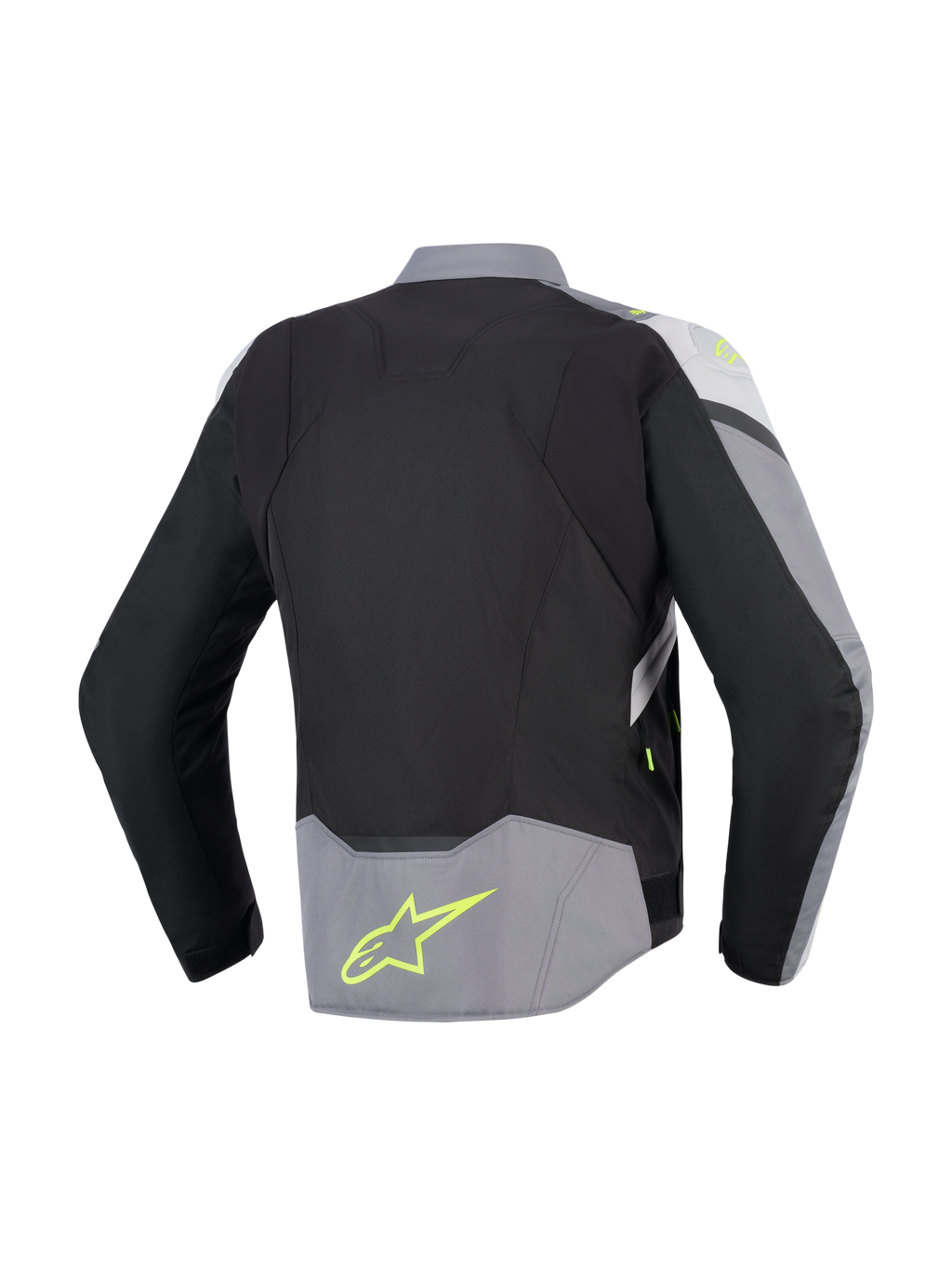 Alpinestars T-Jaws V4 Waterproof Jacket, achteraanzicht, Black Ice Gray en donkergrijs, textiele motorjas met fluorgele accenten en logo op de onderrug, sportieve pasvorm met verlengd achterprofiel
