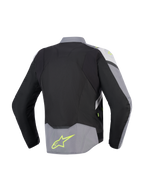 Alpinestars T-Jaws V4 Waterproof Jacket, achteraanzicht, Black Ice Gray en donkergrijs, textiele motorjas met fluorgele accenten en logo op de onderrug, sportieve pasvorm met verlengd achterprofiel