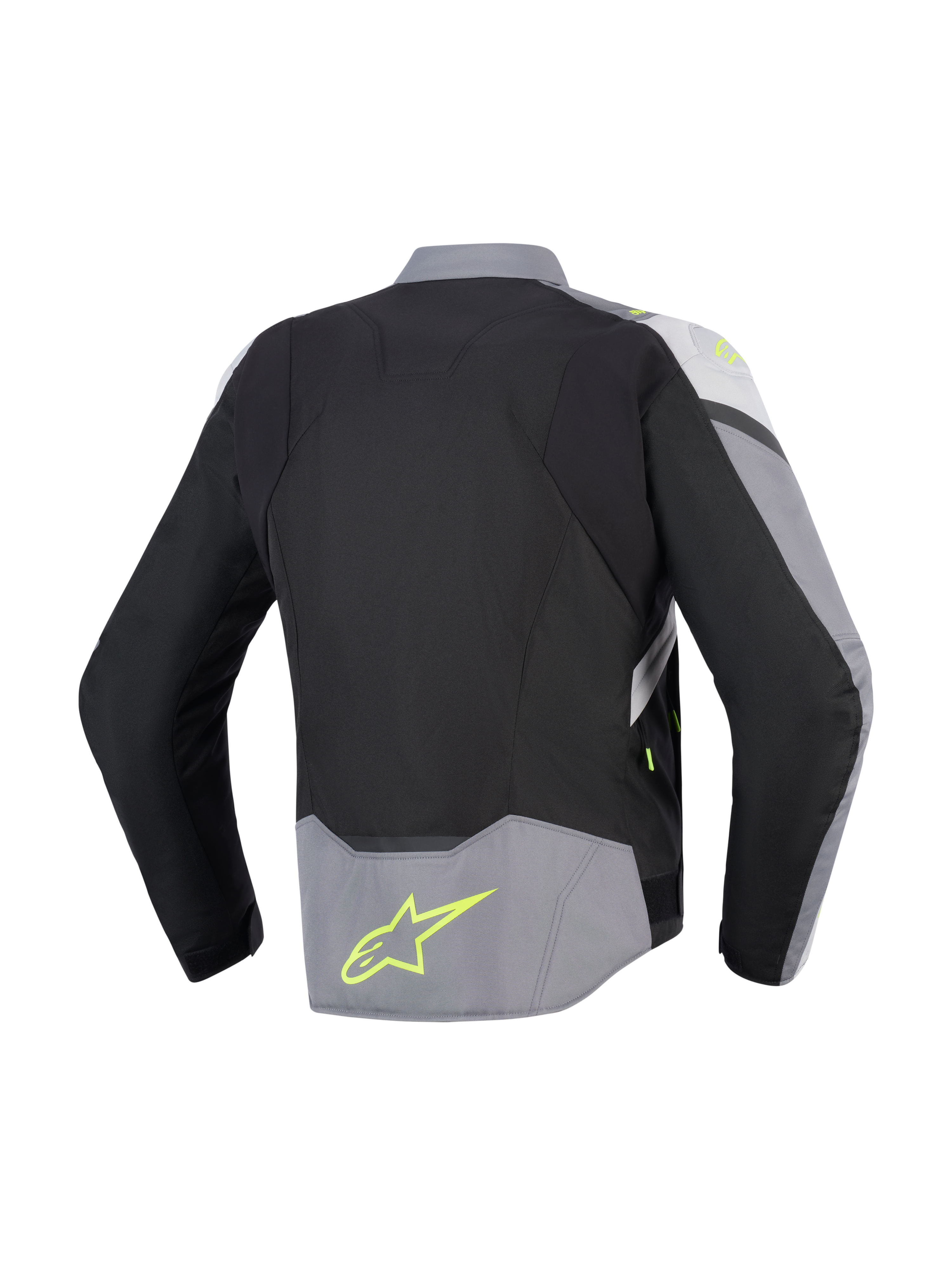 Alpinestars T-Jaws V4 Waterproof Jacket, achteraanzicht, Black Ice Gray en donkergrijs, textiele motorjas met fluorgele accenten en logo op de onderrug, sportieve pasvorm met verlengd achterprofiel