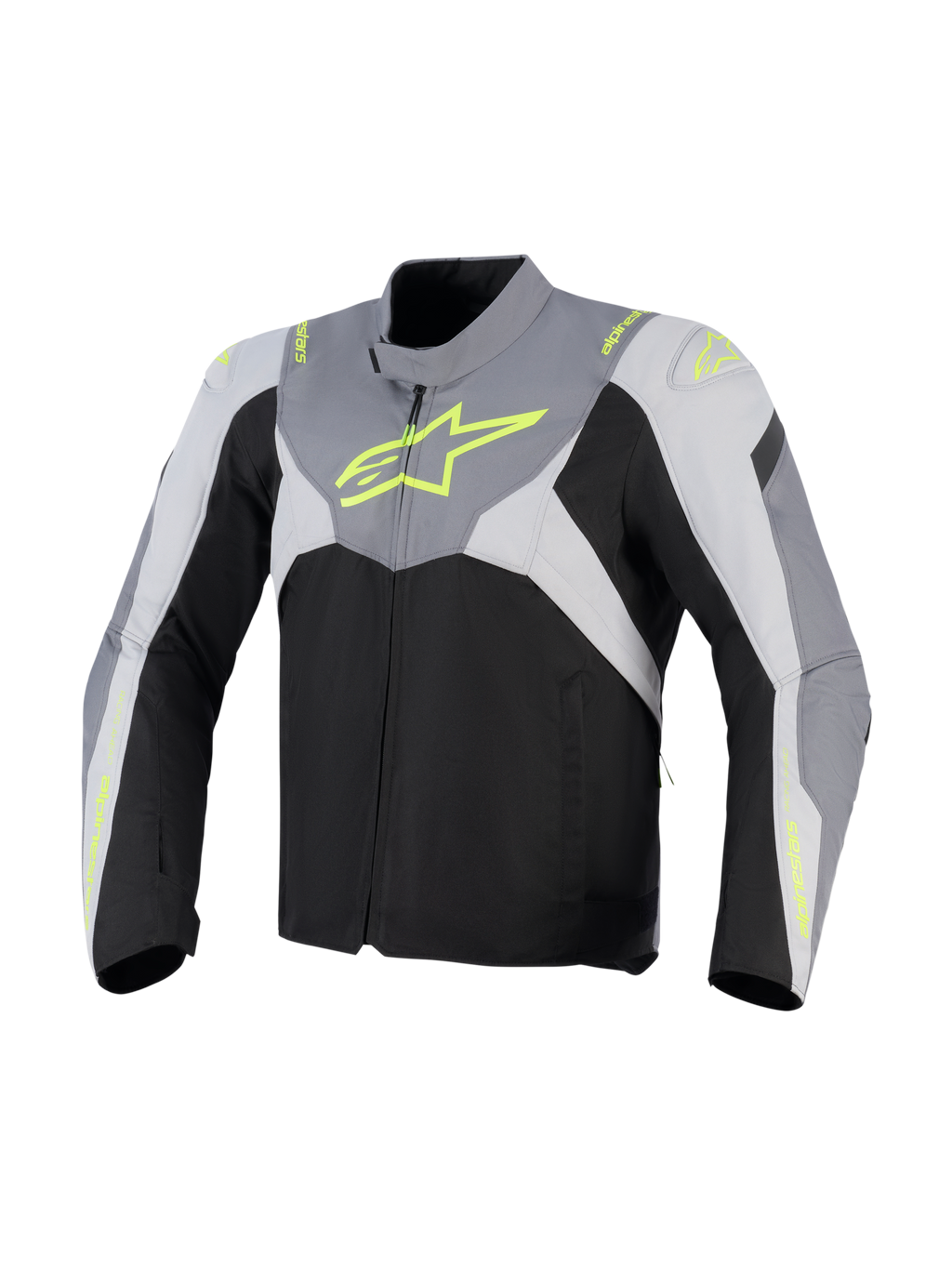 Alpinestars T-Jaws V4 Waterproof Jas, textiel motorjas, zwart, Ice Gray en donkergrijs met fluorescerend gele branding, groot neon logo op de borst en beschermende schouderpanelen