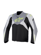 Alpinestars T-Jaws V4 Waterproof Jas, textiel motorjas, zwart, Ice Gray en donkergrijs met fluorescerend gele branding, groot neon logo op de borst en beschermende schouderpanelen