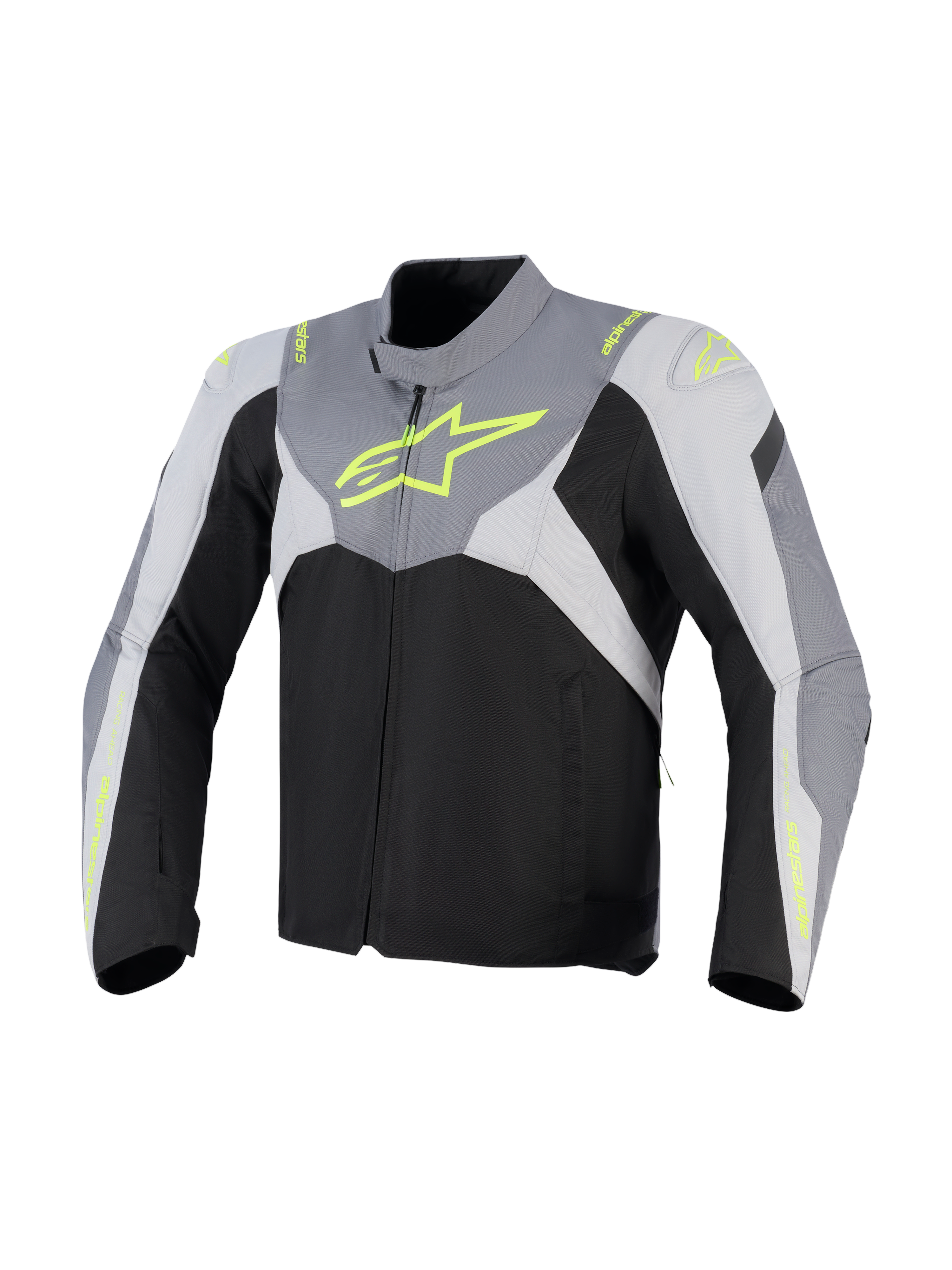 Alpinestars T-Jaws V4 Waterproof Jas, textiel motorjas, zwart, Ice Gray en donkergrijs met fluorescerend gele branding, groot neon logo op de borst en beschermende schouderpanelen