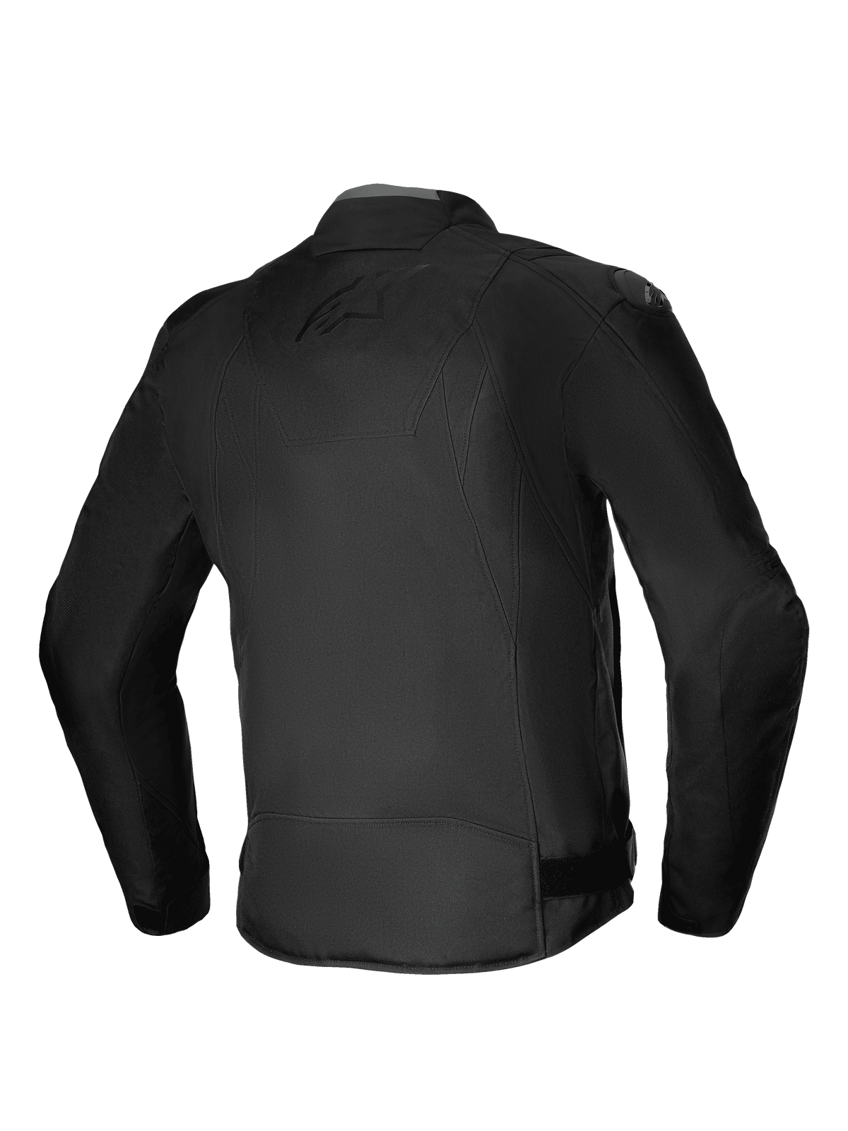 Alpinestars T-SP 1 V2 Waterproof Jacket, textiel motorjas, zwart, achteraanzicht met 3D sportief silhouet, DFS Lite schouder sliders en subtiele ton-sur-ton branding op de rug, duurzame motorkleding voor alle weersomstandigheden