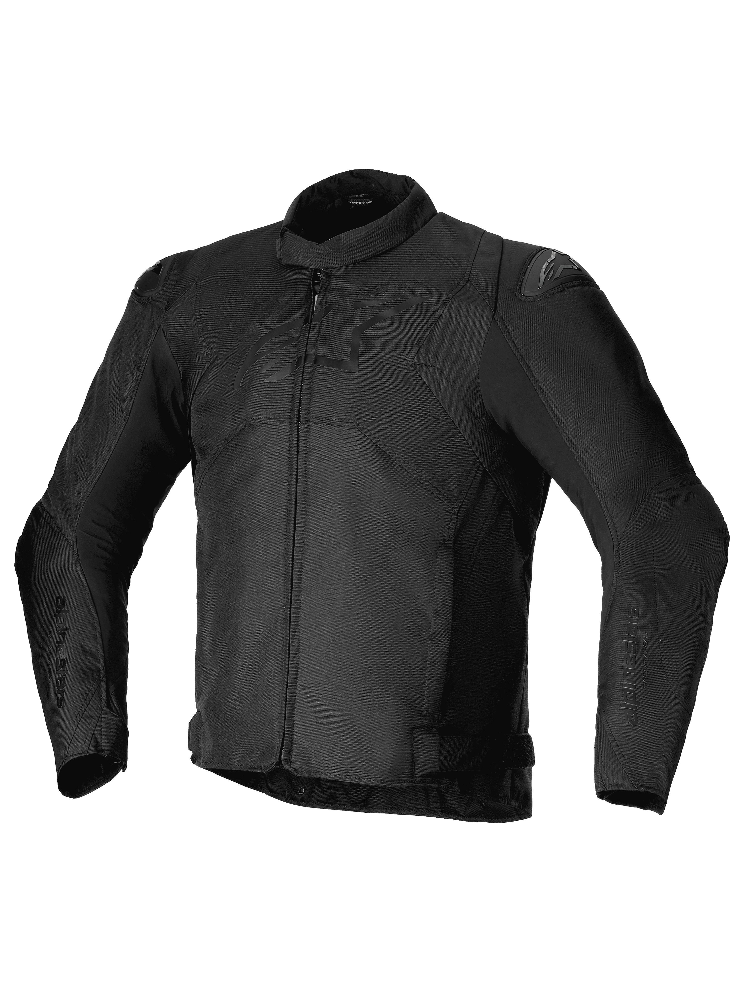 Alpinestars T-SP 1 V2 Waterproof Jacket, zwarte sportieve textiele motorjas, voorzien van een lage kraag, lange voorgevormde mouwen, ritssluiting aan de voorzijde, DFS Lite schoudersliders en een tonaal Alpinestars-logo op de borst.