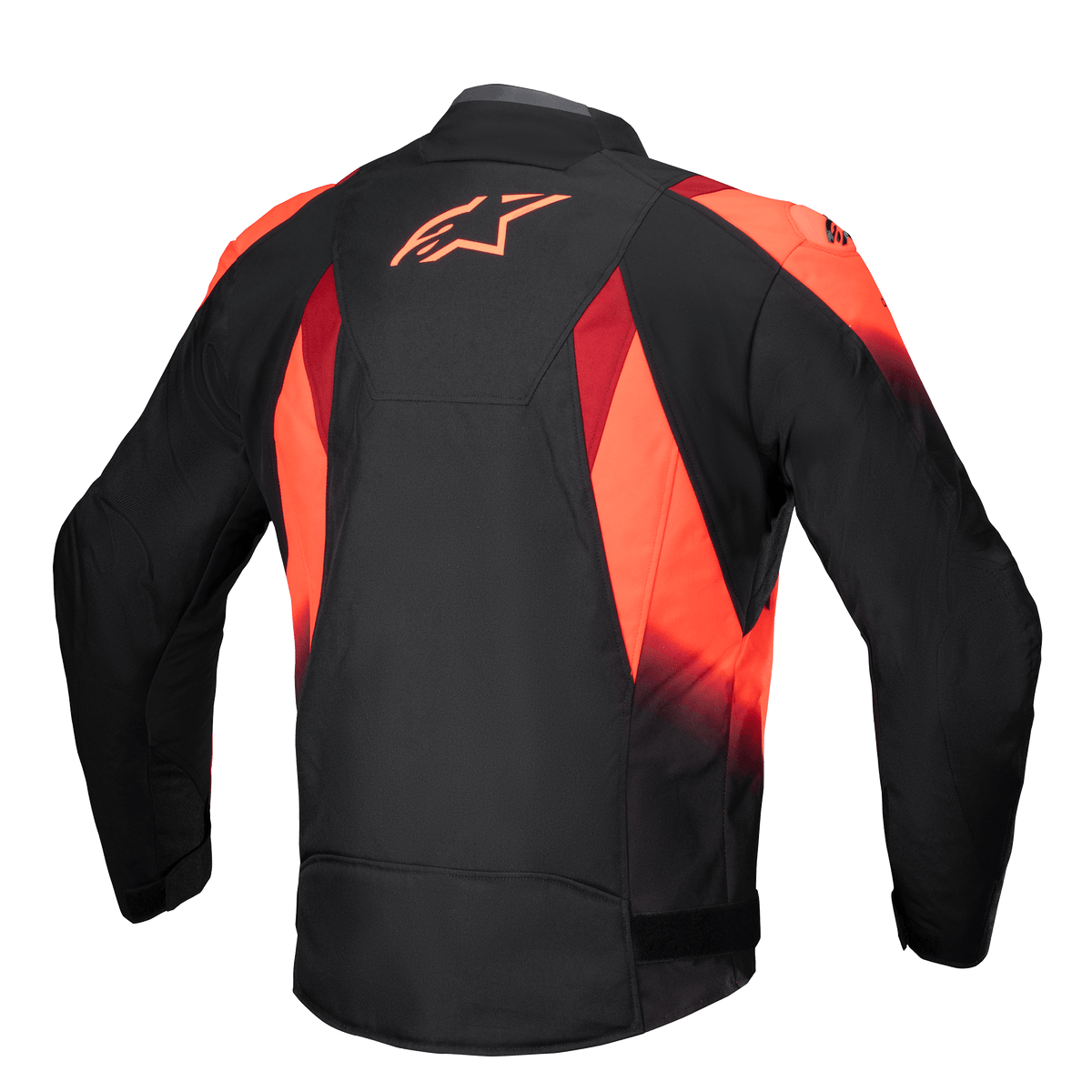 Alpinestars T-SP 1 V2 Waterproof Jacket, achteraanzicht, zwart en fluorood, textiele motorjas met een opvallend rood Astars-logo op de bovenrug, gesublimeerde graphics en een sportief getailleerd silhouet