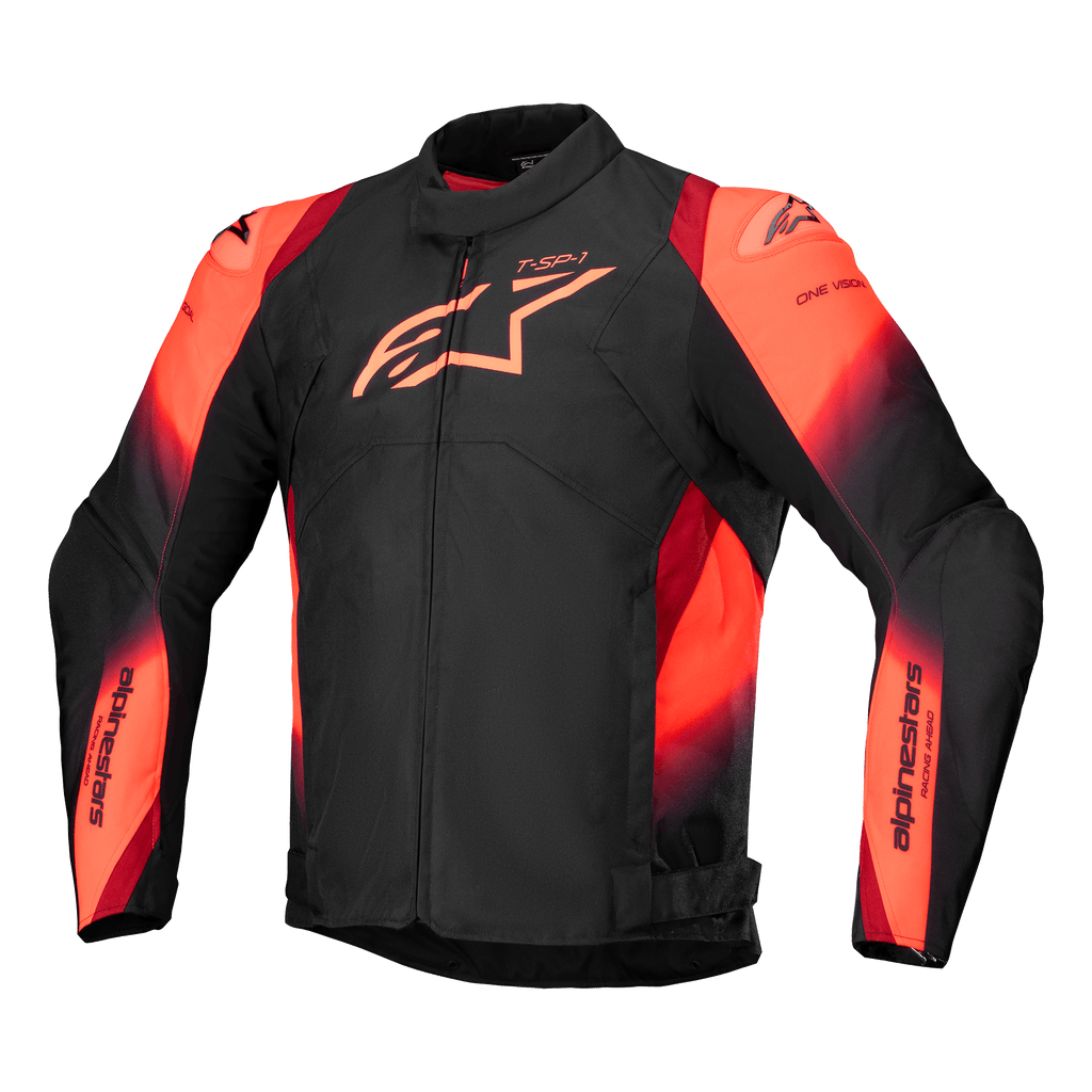 Alpinestars T-SP 1 V2 Waterproof Jacket, Motorcycle Jacket, Black and Red Fluo, featuring a high collar and long sleeves, prominent Alpinestars logo on the chest and sleeve branding, sporty textile design with vibrant reddish-orange accents, waterproof construction with shoulder sliders
