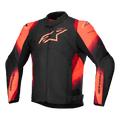 Alpinestars T-SP 1 V2 Waterproof Jacket, Motorcycle Jacket, Black and Red Fluo, featuring a high collar and long sleeves, prominent Alpinestars logo on the chest and sleeve branding, sporty textile design with vibrant reddish-orange accents, waterproof construction with shoulder sliders