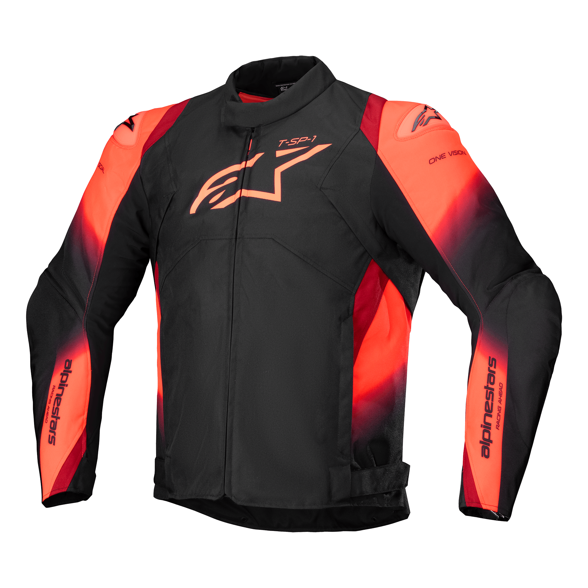 Alpinestars T-SP 1 V2 Waterproof Jacket, motorjas, zwart en neonrood, met een hoge kraag en lange mouwen, opvallend Alpinestars-logo op de borst en merkdetails op de mouwen, sportief textielontwerp met levendige roodoranje accenten, waterdichte constructie met schoudersliders