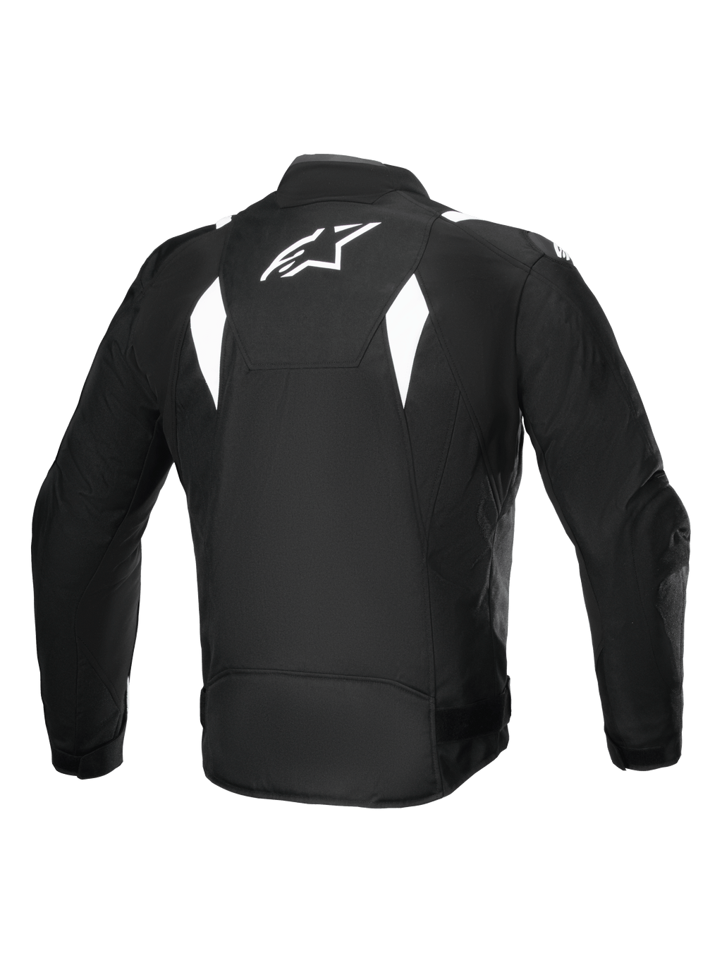 Alpinestars T-SP 1 V2 Waterproof Jas, achteraanzicht, zwart en wit, wit Alpinestars-logo op de bovenrug, textiel motorjas met hoekige witte accenten, sportief silhouet