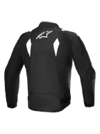 Alpinestars T-SP 1 V2 Waterproof Jas, achteraanzicht, zwart en wit, wit Alpinestars-logo op de bovenrug, textiel motorjas met hoekige witte accenten, sportief silhouet