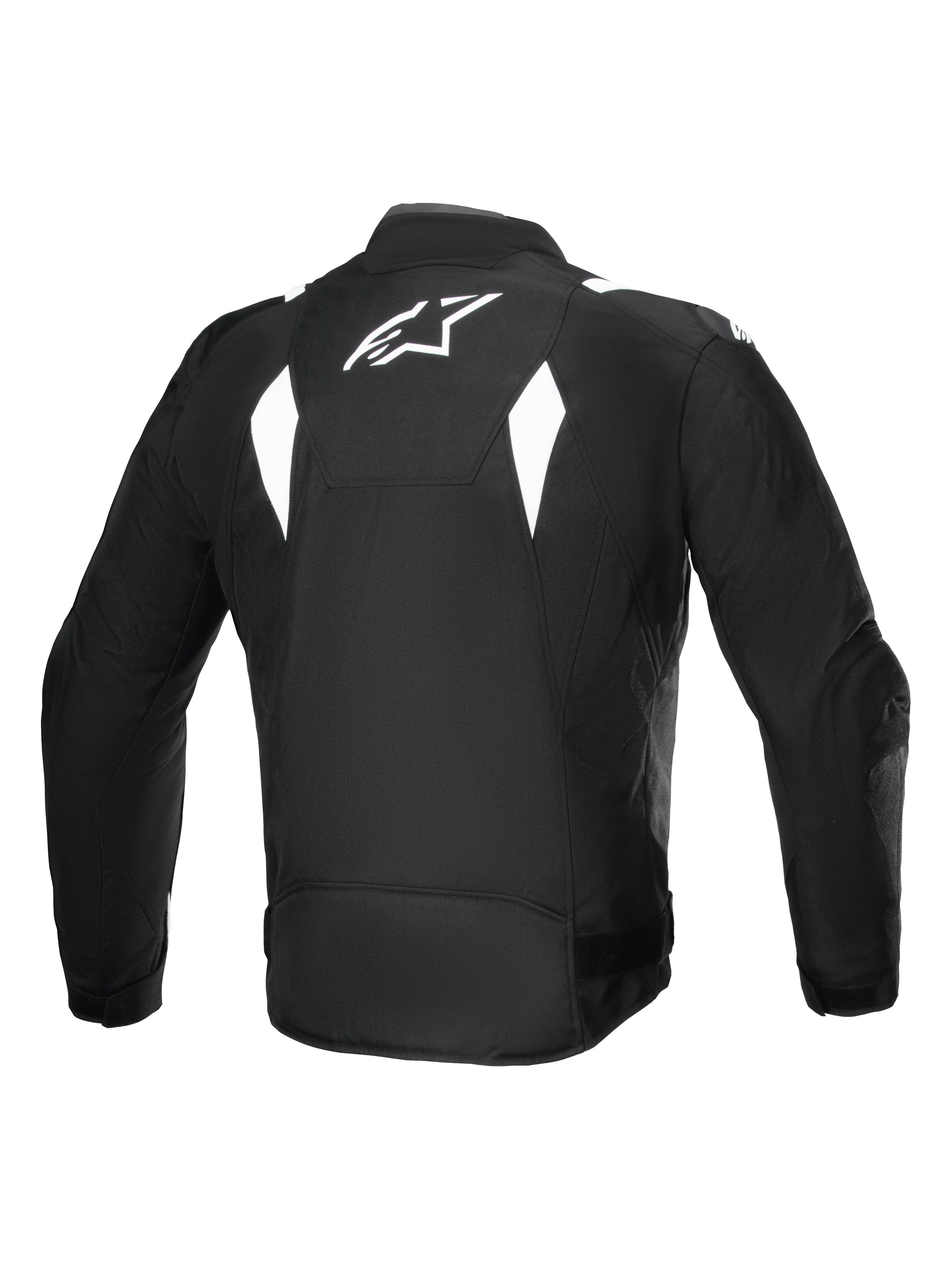 Alpinestars T-SP 1 V2 Waterproof Jas, achteraanzicht, zwart en wit, wit Alpinestars-logo op de bovenrug, textiel motorjas met hoekige witte accenten, sportief silhouet