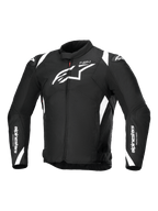 Alpinestars T-SP 1 V2 Waterproof Jacket, textiel motorjas, zwart en wit, met een groot wit Astars-logo op de borst, branding op de mouwen en schouders, en een technisch sportgeïnspireerd silhouet.