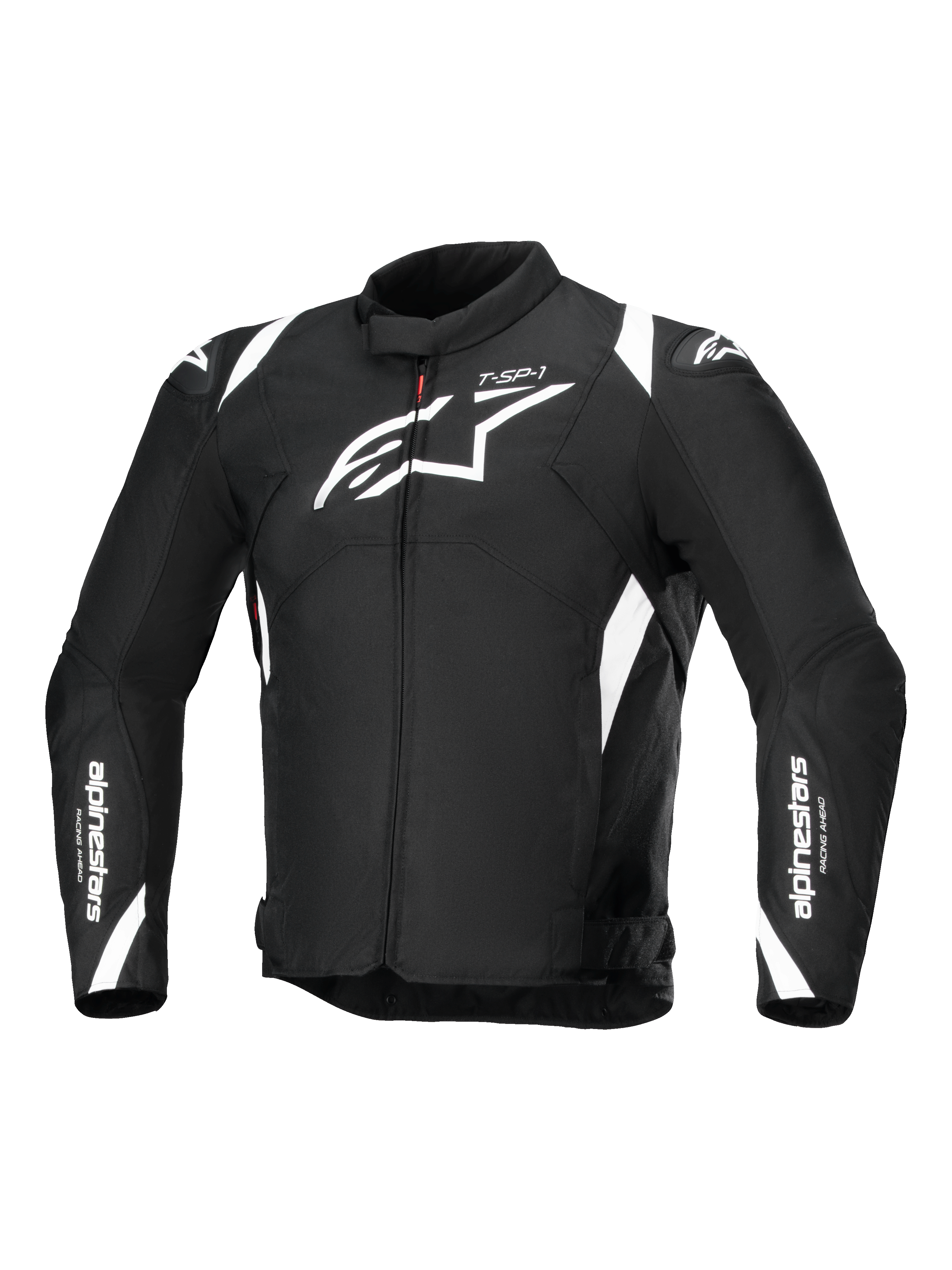 Alpinestars T-SP 1 V2 Waterproof Jacket, textiel motorjas, zwart en wit, met een groot wit Astars-logo op de borst, branding op de mouwen en schouders, en een technisch sportgeïnspireerd silhouet.