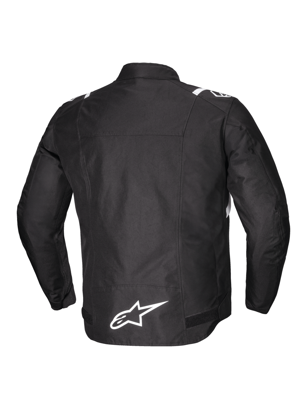 Alpinestars T-SPS V2 Waterdichte Jas, heren motorjas, achteraanzicht in zwart met witte accenten en reflecterend logo op de onderrug, CE-gecertificeerd klasse A, slijtvast 600D polyesterweefsel