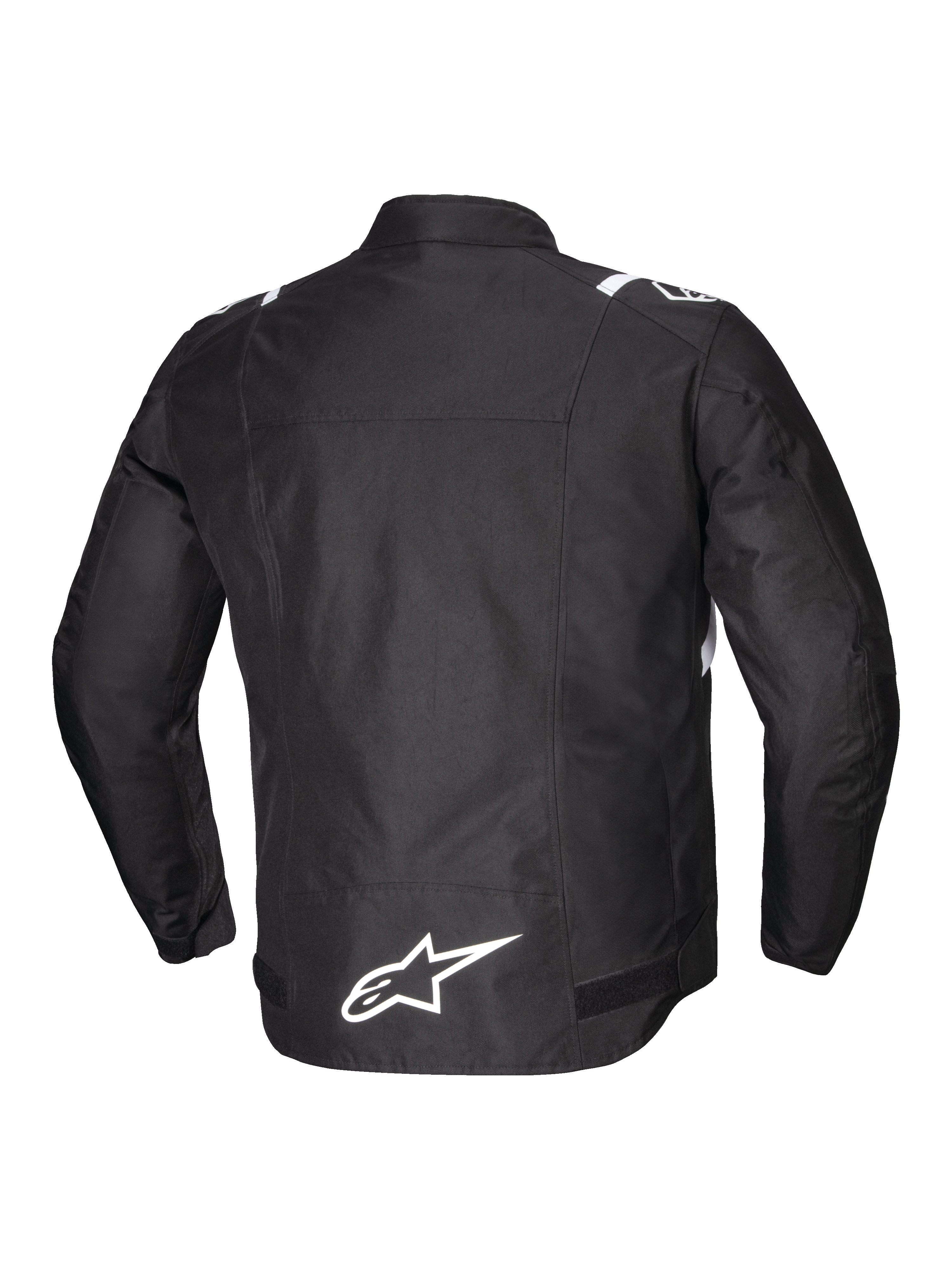 Alpinestars T-SPS V2 Waterdichte Jas, heren motorjas, achteraanzicht in zwart met witte accenten en reflecterend logo op de onderrug, CE-gecertificeerd klasse A, slijtvast 600D polyesterweefsel