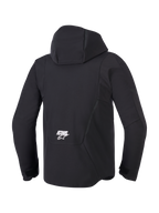 Alpinestars Aeroshell Waterproof Jacket, Black, back view featuring the integrated hood and white ASTARS logo on the lower back, modern softshell motorcycle jacket with technical waterproof design