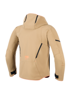 Alpinestars Aeroshell Waterproof Jacket, achteraanzicht, Dark Khaki met zwarte en oranje fluo accenten, voorzien van een capuchon, zwarte contrastlijnen en oranje logo, sportieve softshell motorhoodie