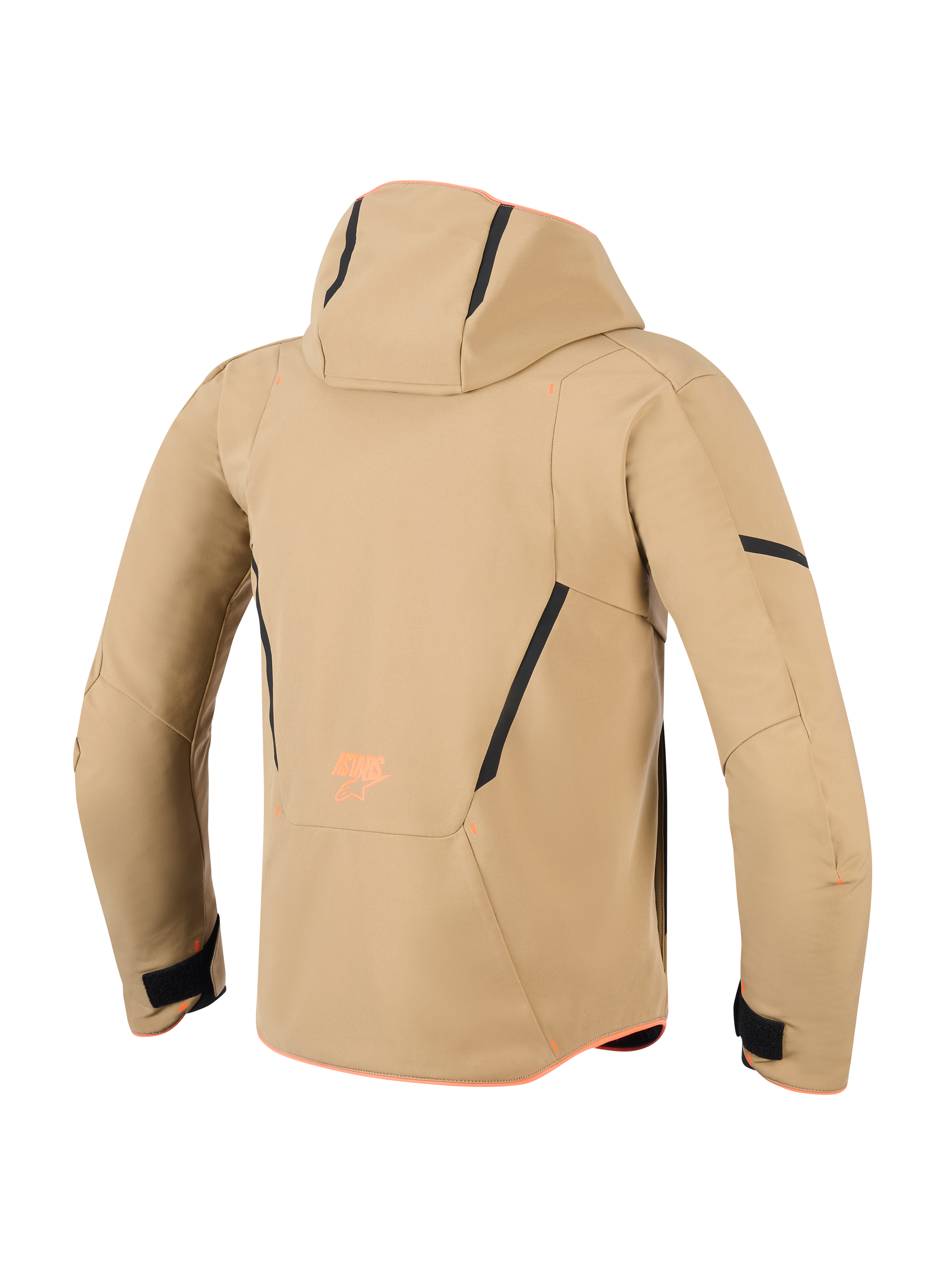 Alpinestars Aeroshell Waterproof Jacket, achteraanzicht, Dark Khaki met zwarte en oranje fluo accenten, voorzien van een capuchon, zwarte contrastlijnen en oranje logo, sportieve softshell motorhoodie