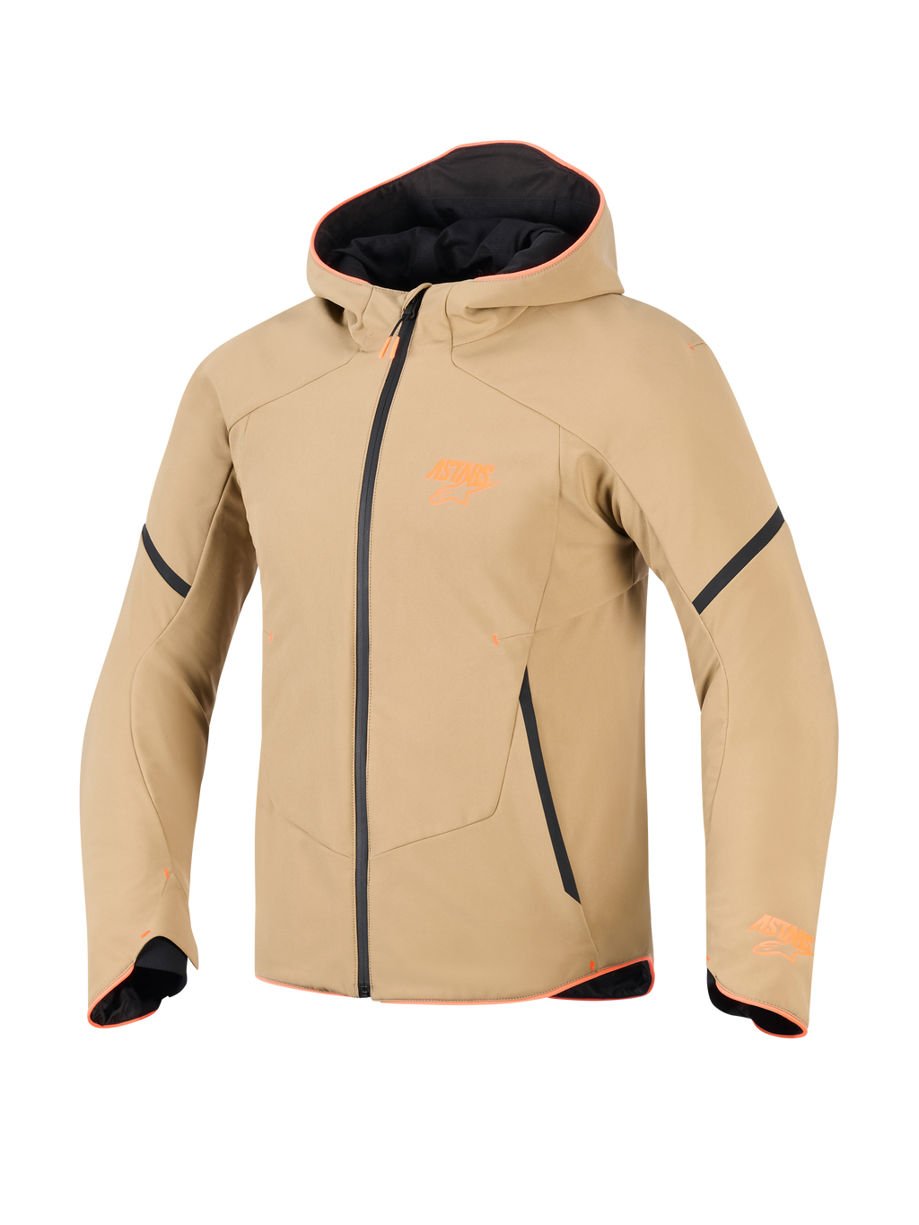 Alpinestars Aeroshell Waterproof jas, donkerkhaki met zwarte en fluororanje accenten, sportieve softshell hoodie-stijl, technische motorkleding met oranje bies en logo op de borst