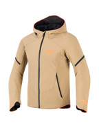 Alpinestars Aeroshell Waterproof jas, donkerkhaki met zwarte en fluororanje accenten, sportieve softshell hoodie-stijl, technische motorkleding met oranje bies en logo op de borst