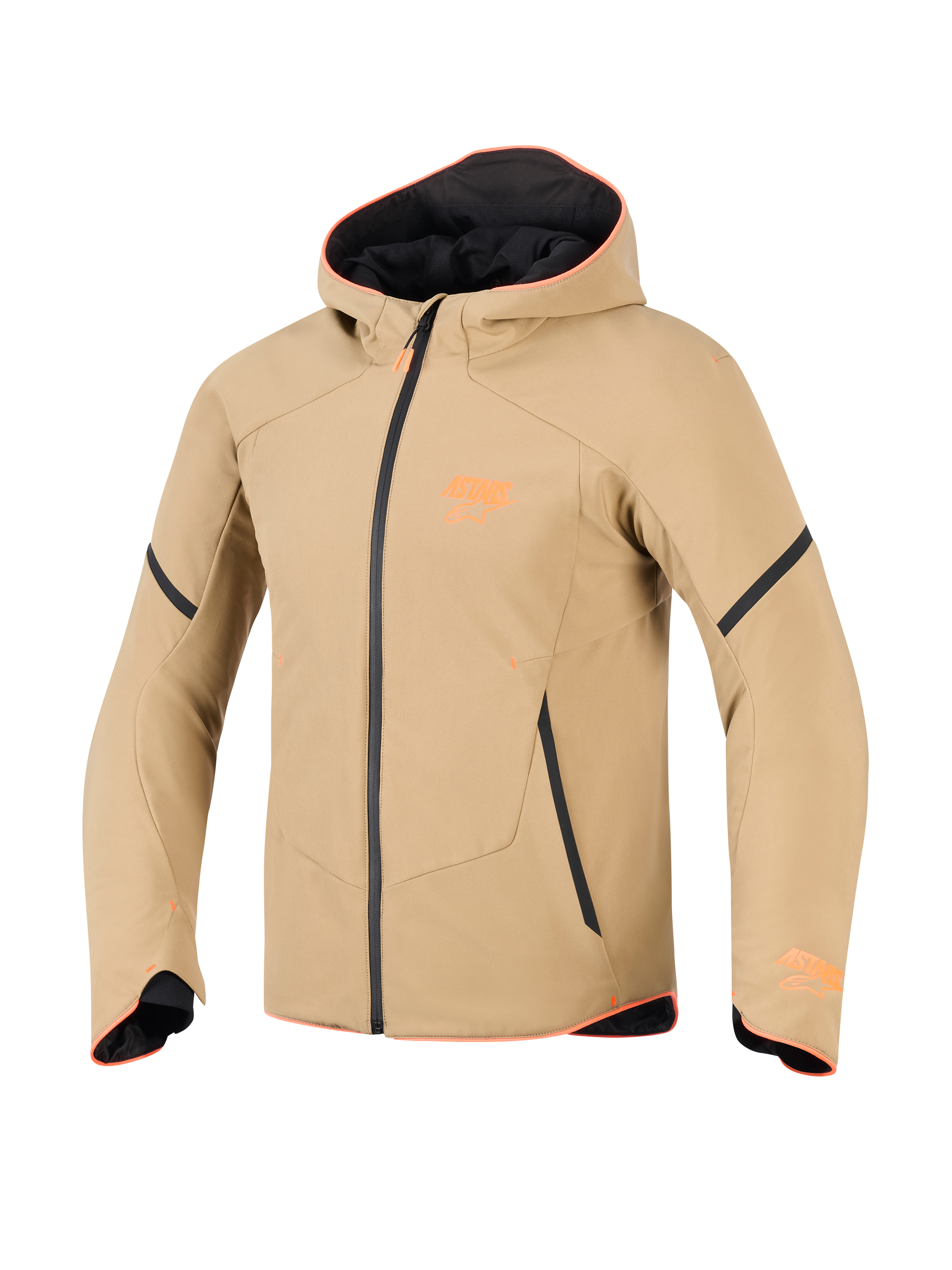 Alpinestars Aeroshell Waterproof jas, donkerkhaki met zwarte en fluororanje accenten, sportieve softshell hoodie-stijl, technische motorkleding met oranje bies en logo op de borst