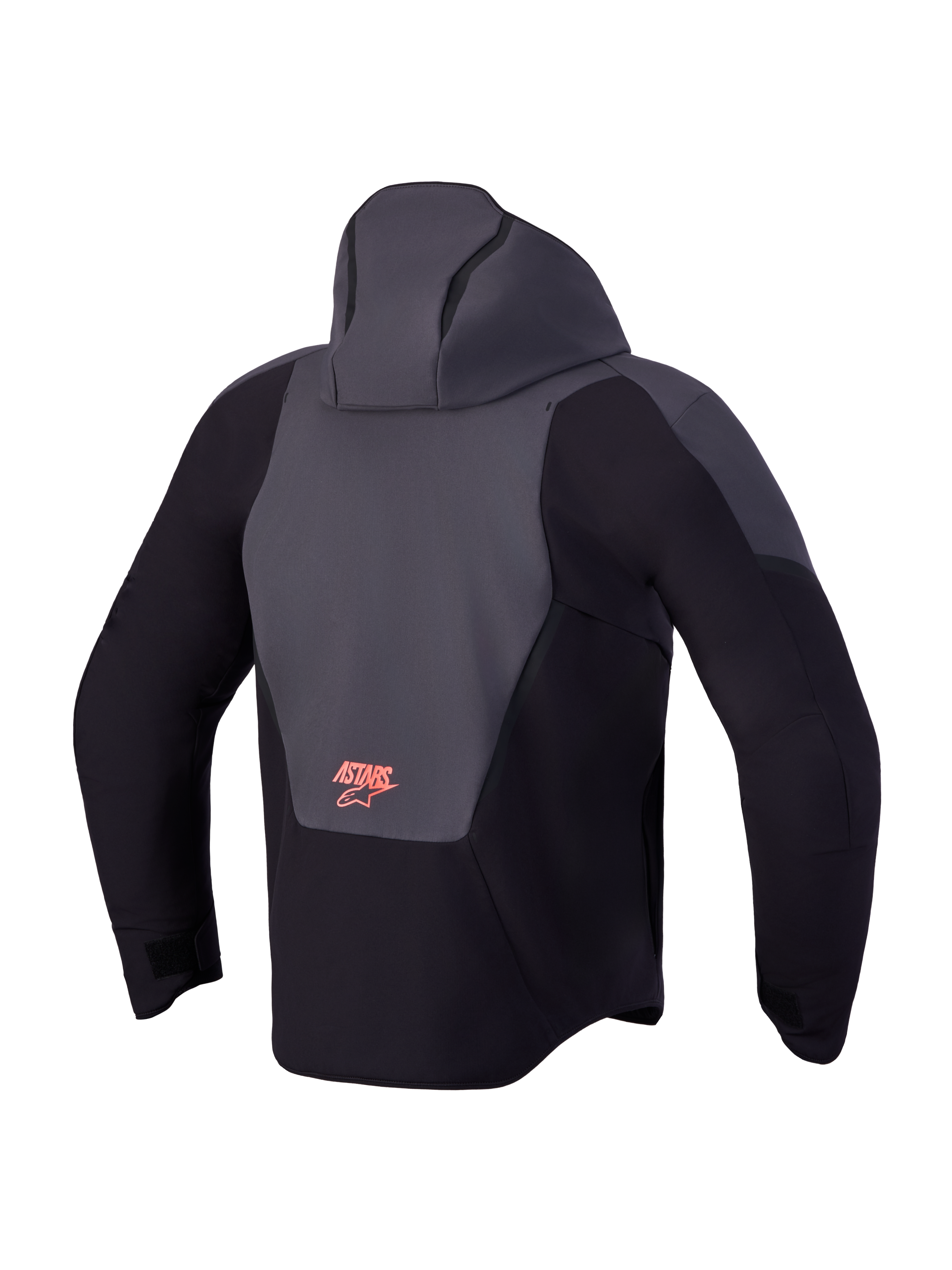 Alpinestars Aeroshell Waterproof Jacket, Men's motorcycle sports softshell jacket in Black and Dark Gray, back view featuring an open-slot hood and Astars logo branding