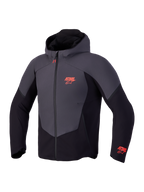 Alpinestars Aeroshell Waterproof Jacket, Men's Motorcycle Softshell Hoodie in Black and Dark Gray, featuring orange Astars chest and sleeve logos, waterproof front zipper, and fixed hood