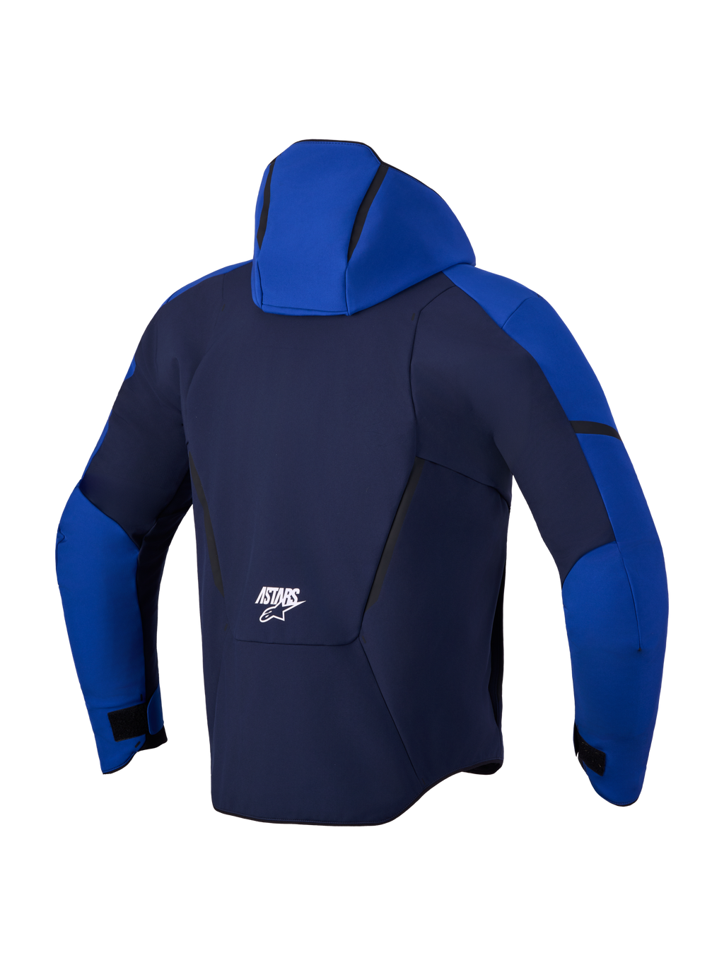 Alpinestars Aeroshell WP jas, waterdichte motorjas, achteraanzicht met capuchon en branding, donkerblauw en felblauw, waterdichte en ademende stretchconstructie
