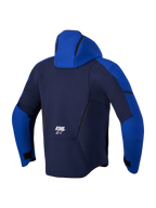 Alpinestars Aeroshell WP jas, waterdichte motorjas, achteraanzicht met capuchon en branding, donkerblauw en felblauw, waterdichte en ademende stretchconstructie