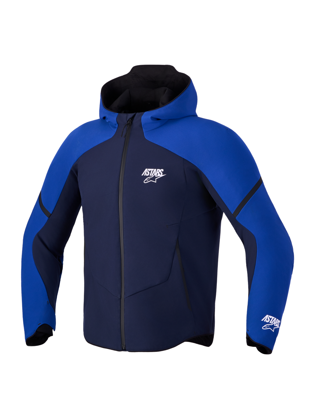 Alpinestars Aeroshell WP jas, CE-gecertificeerde motorsoftshell-hoodie, donkerblauw en felblauw, waterdicht getapete membraan met capuchon