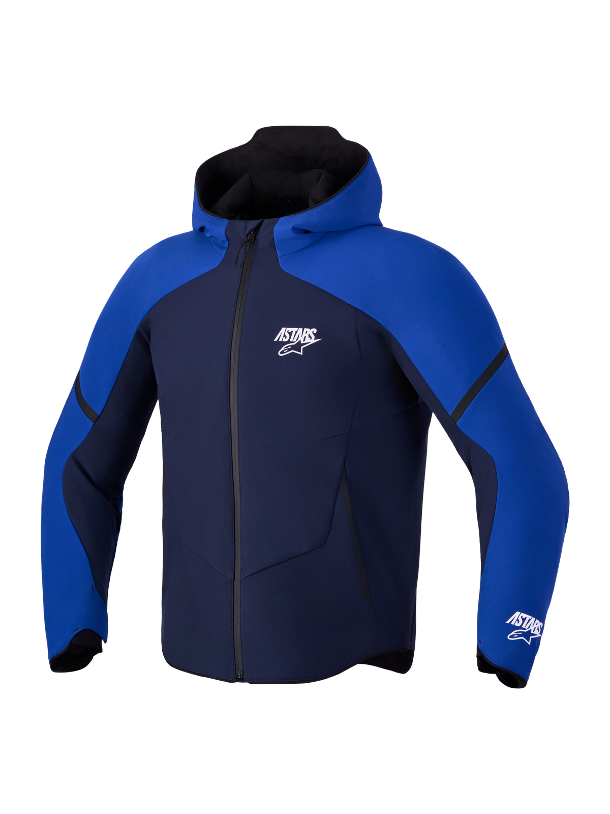 Alpinestars Aeroshell WP jas, CE-gecertificeerde motorsoftshell-hoodie, donkerblauw en felblauw, waterdicht getapete membraan met capuchon
