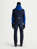 Alpinestars Aeroshell waterdichte herenmotorjas, nachtblauw en felblauw, achteraanzicht met capuchon en CE-gecertificeerde bescherming