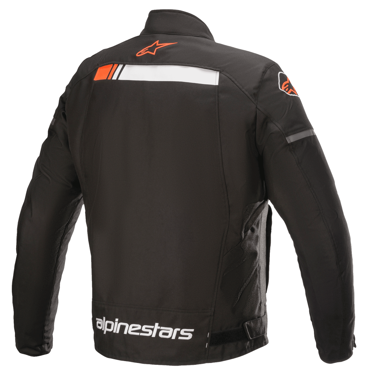 Alpinestars T-SP S Ignition Waterproof Jacket, motorjas, zwart wit en fluo rood, achteraanzicht met een witte en fluorescerend rode horizontale streep over de schouders, Alpinestars-logo op de kraag en onderrug, duurzame textielconstructie voor stedelijk rijden