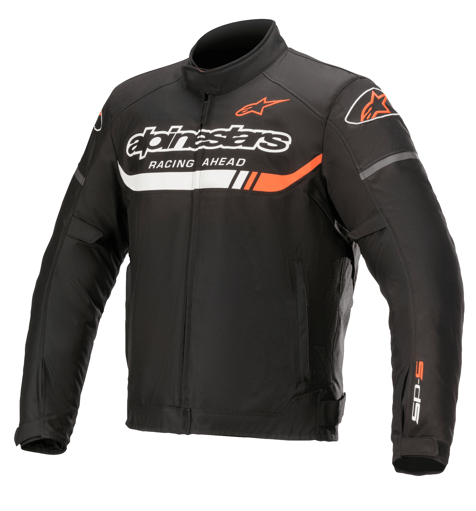 Alpinestars T-SP S Ignition waterdichte jas, zwarte textiele motorjas met witte en fluo rode accenten, voorzien van Alpinestars logo en 'Racing Ahead' tekst op de borst, SP-S logo op de mouw, hoge kraag en verstelbare taille